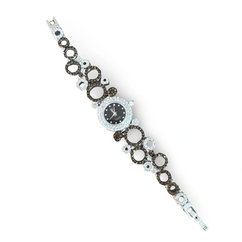 Victoria Wieck Women's Crystal Black Dial Gold Silver Rhinestone Bracelet Watch